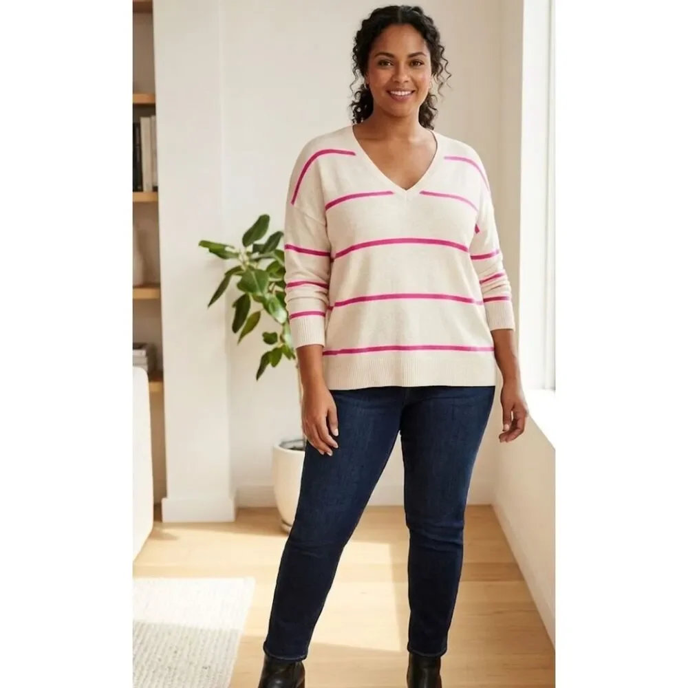 LOFT Striped V-Neck Knit Drop Shoulder Sweater Women's Size XL - Picture 1 of 8